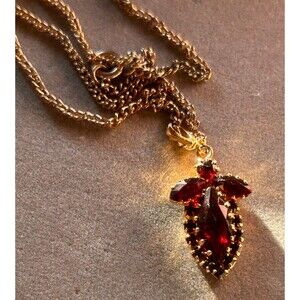 Vintage Made In Austria Deep Ruby Red Crystal Pendant With Gold tone Chain